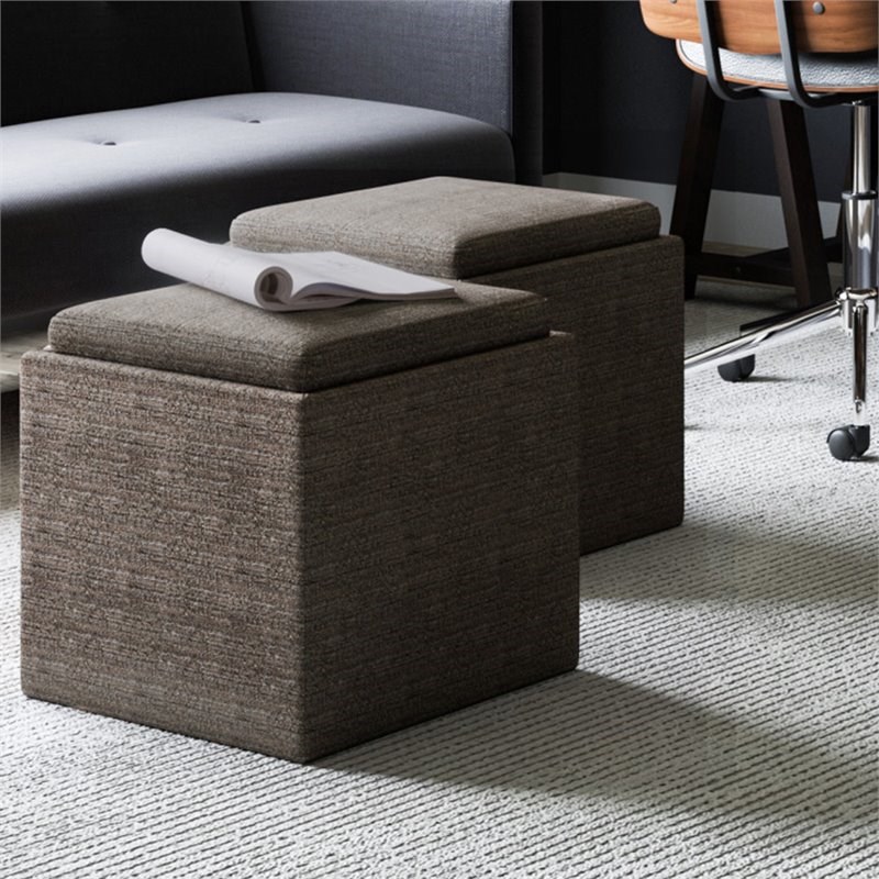 Simpli Home Rockwood Square Tweed Fabric Storage Ottoman With Tray in