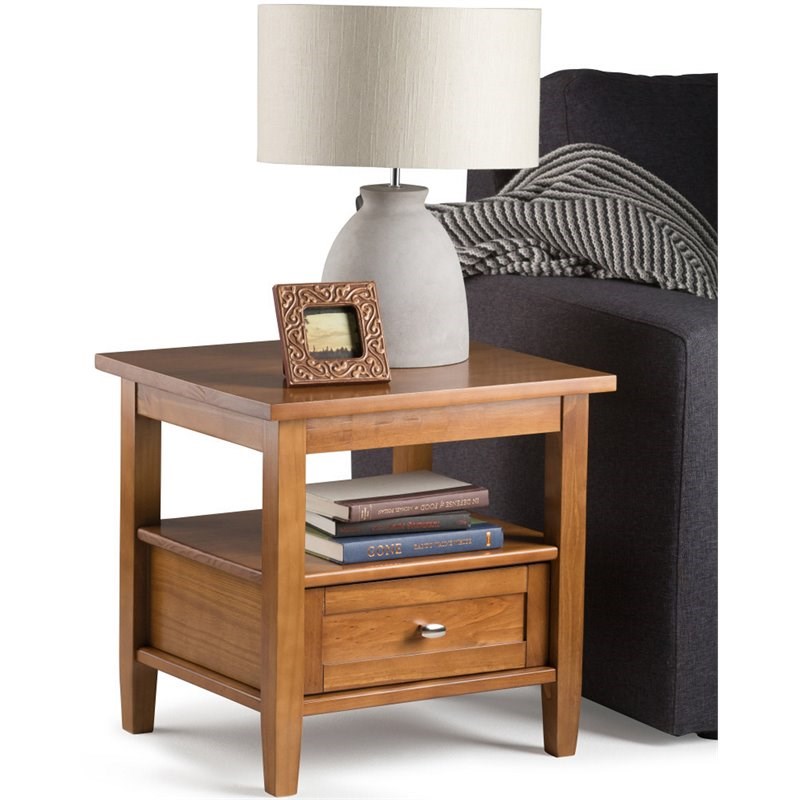 simpli home warm shaker solid wood wide end table with storage in