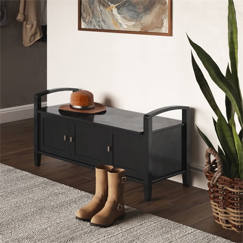 Simpli Home Warm Shaker Wood 44" Transitional Entryway Bench in Black