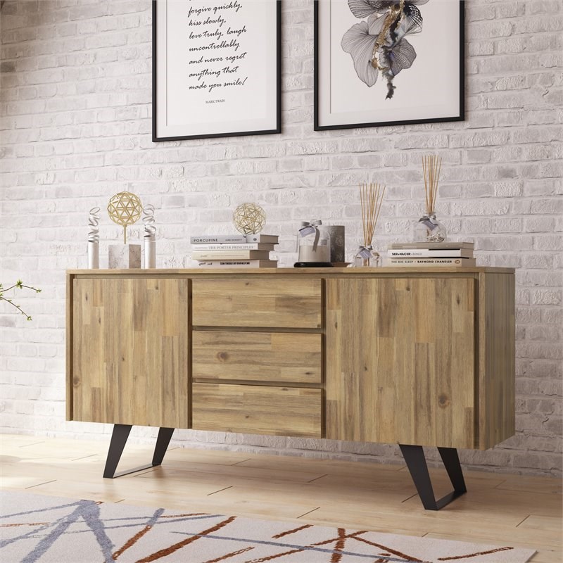 Simpli Home Lowry Solid Acacia Wood Sideboard Buffet in Golden Wheat