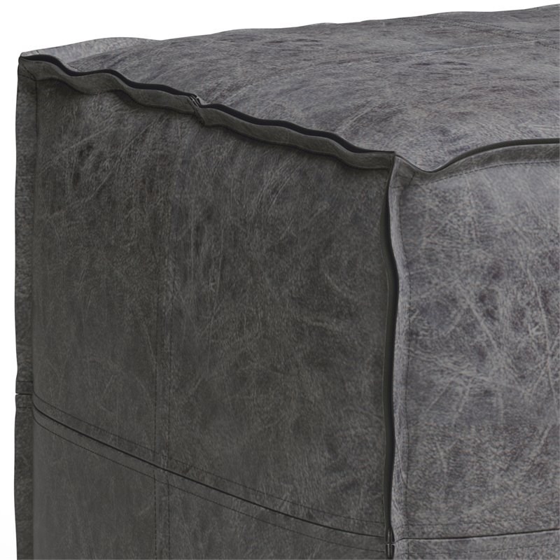 Simpli Home Brody Boho Square Pouf in Distressed Black Faux Leather