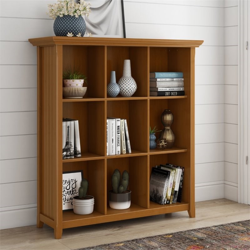 Simpli Home Acadian Wood 9 Cube Bookcase and Unit in Light Golden Brown