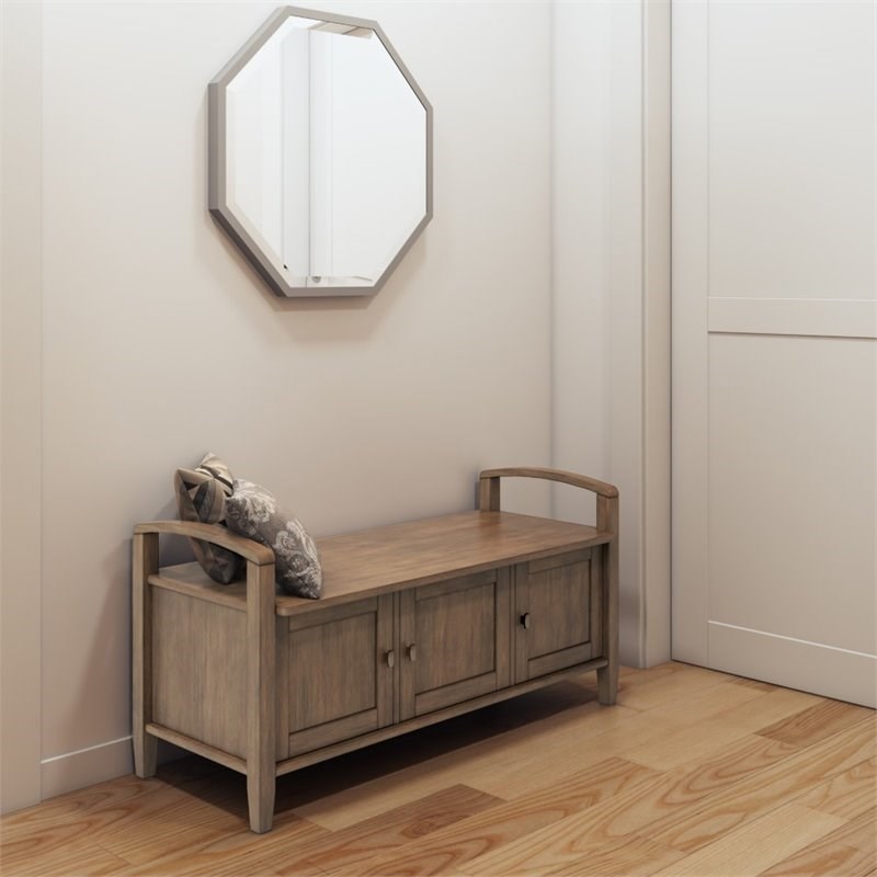 simpli home warm shaker rustic solid wood entryway storage bench in