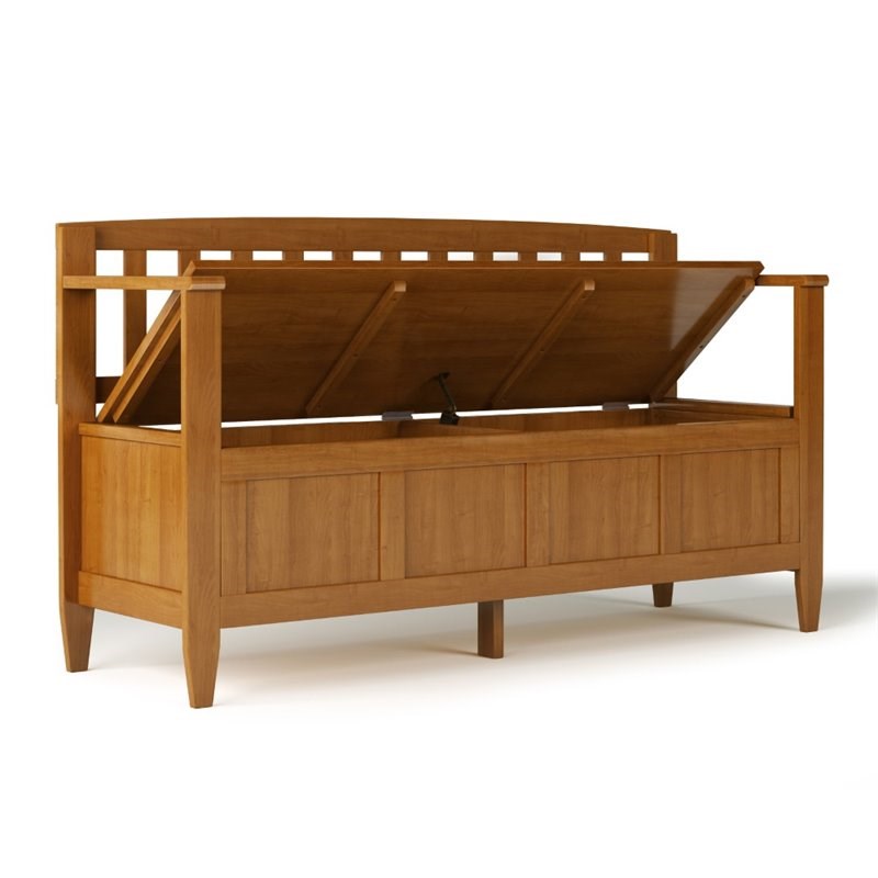 Simpli Home Brooklyn Solid Wood Entryway Storage Bench in Light Golden Brown