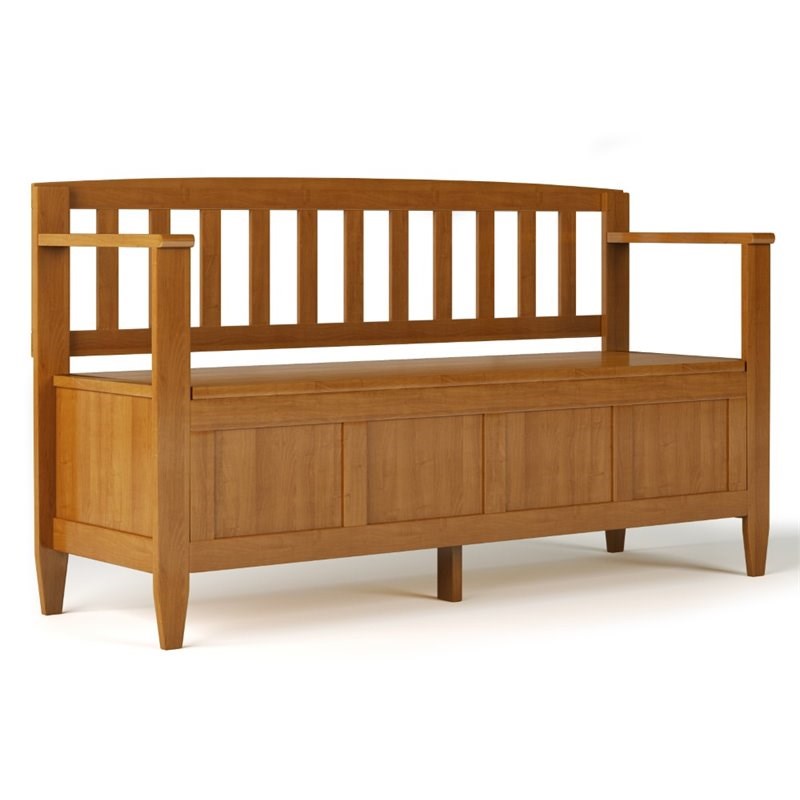 Simpli Home Brooklyn Solid Wood Entryway Storage Bench in Light Golden Brown