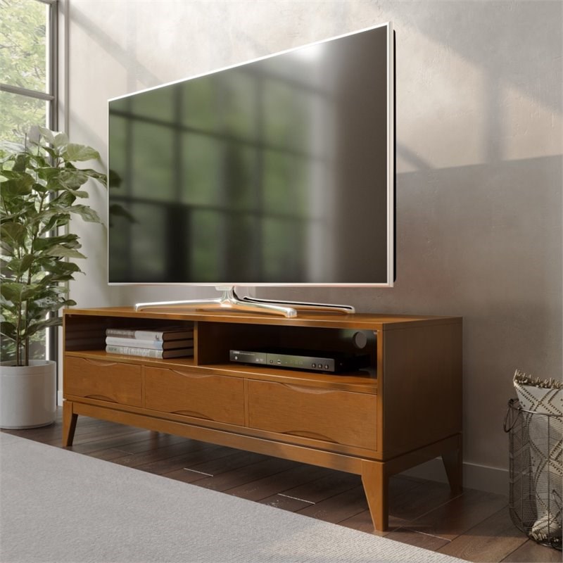 simpli home harper 60" mid century modern solid wood tv stand in teak