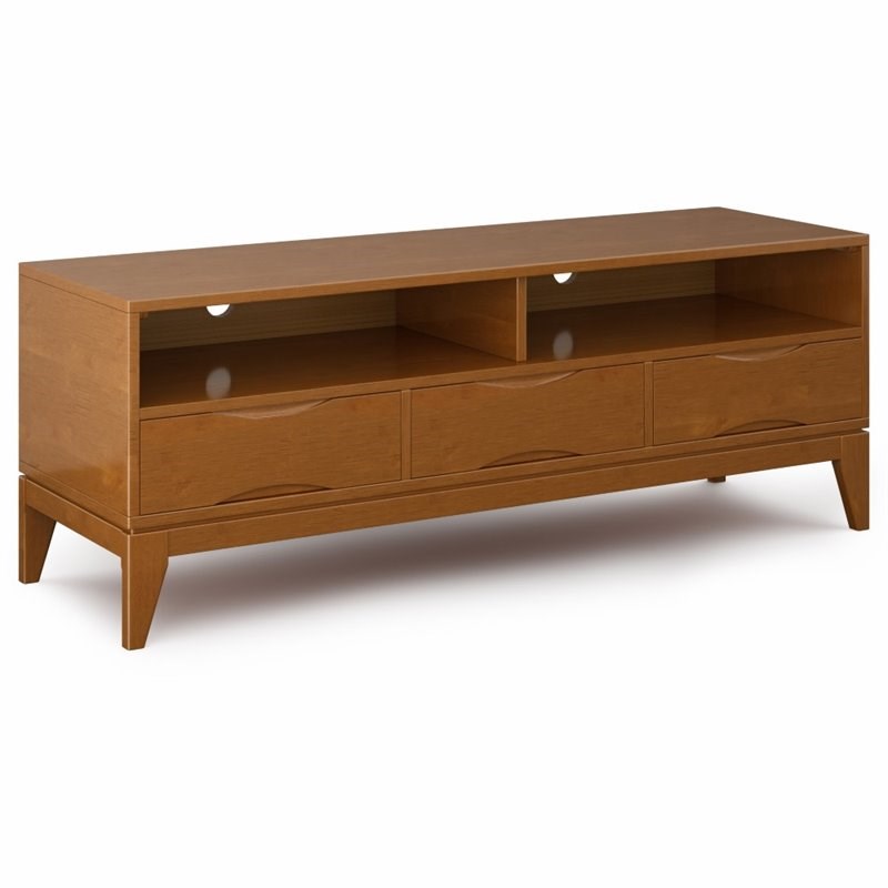 simpli home harper 60" mid century modern solid wood tv stand in teak