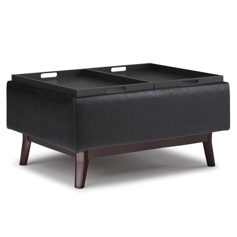 Owen 34 in. W Tray Top Coffee Table Ottoman in Distressed Black Faux Leather