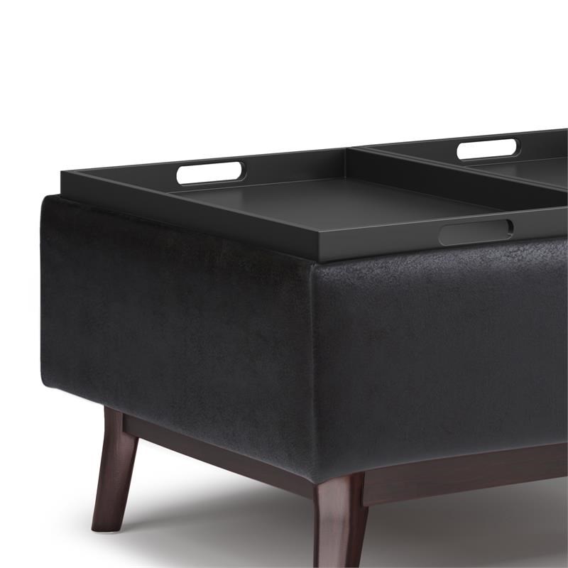 Owen 34 in. W Tray Top Coffee Table Ottoman in Distressed Black Faux Leather