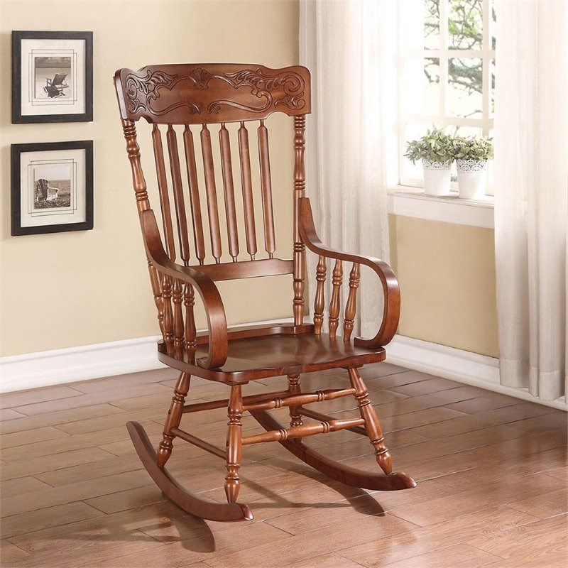 ACME Furniture Kloris Hand Carving Head Crown Rocking Chair in Tobacco