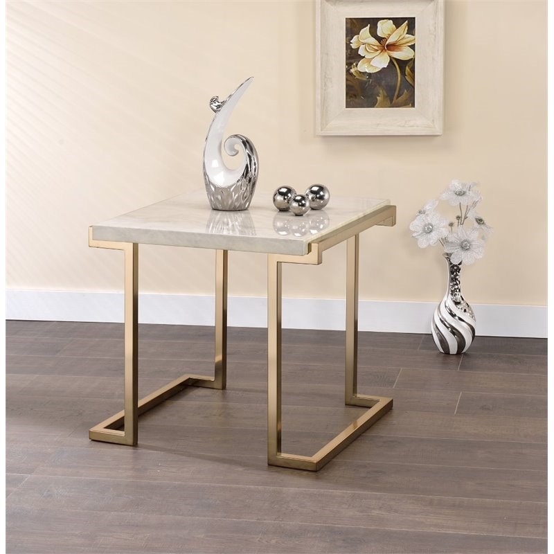 ACME Boice II End Table in Faux Marble and Champagne