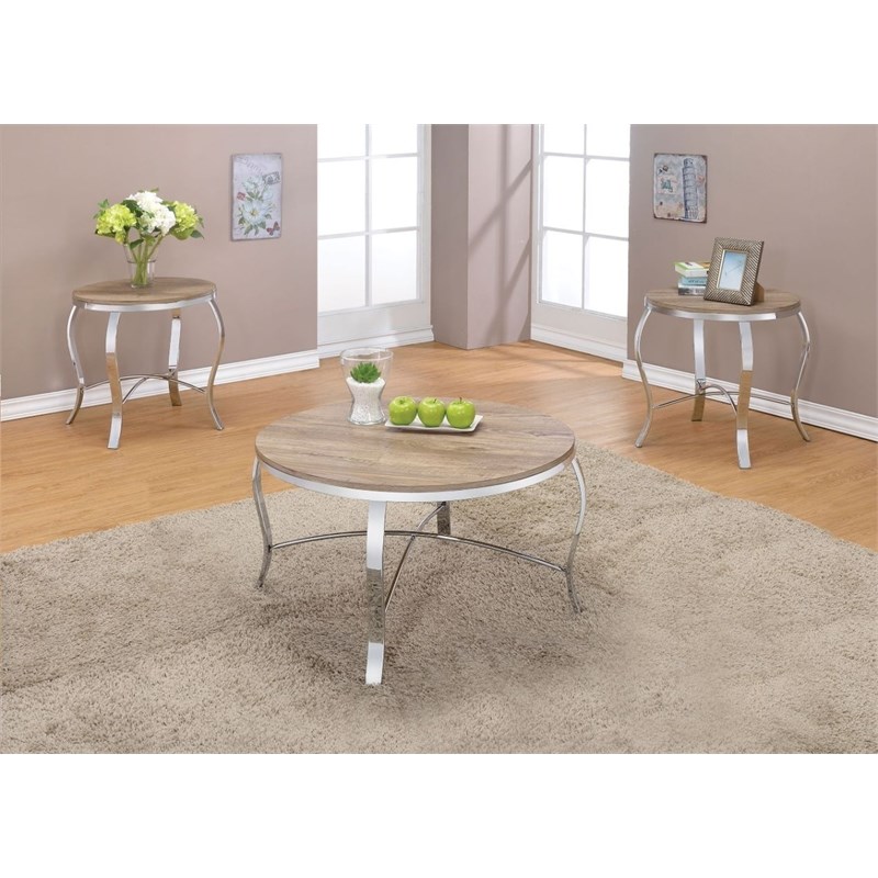 ACME Malai 3-Piece Coffee/End Table Set in Weathered Light Oak and Chrome
