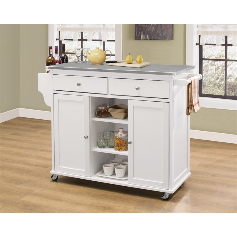 acme tullarick stainless steel top mobile kitchen island in white - 98307