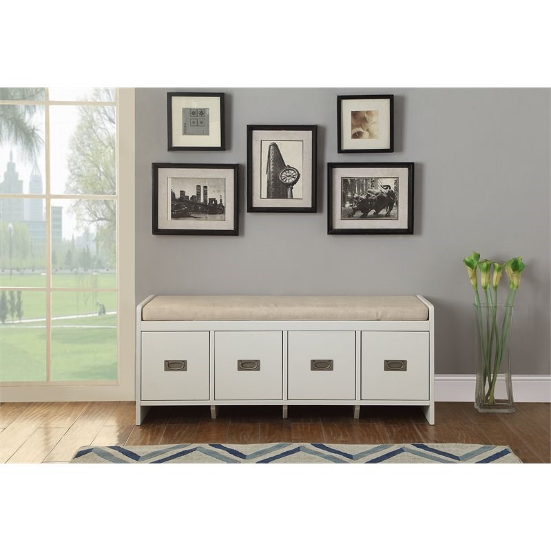 ACME Berci Wooden 4-Drawer Bench with Removable Cushion Seat in Beige and White