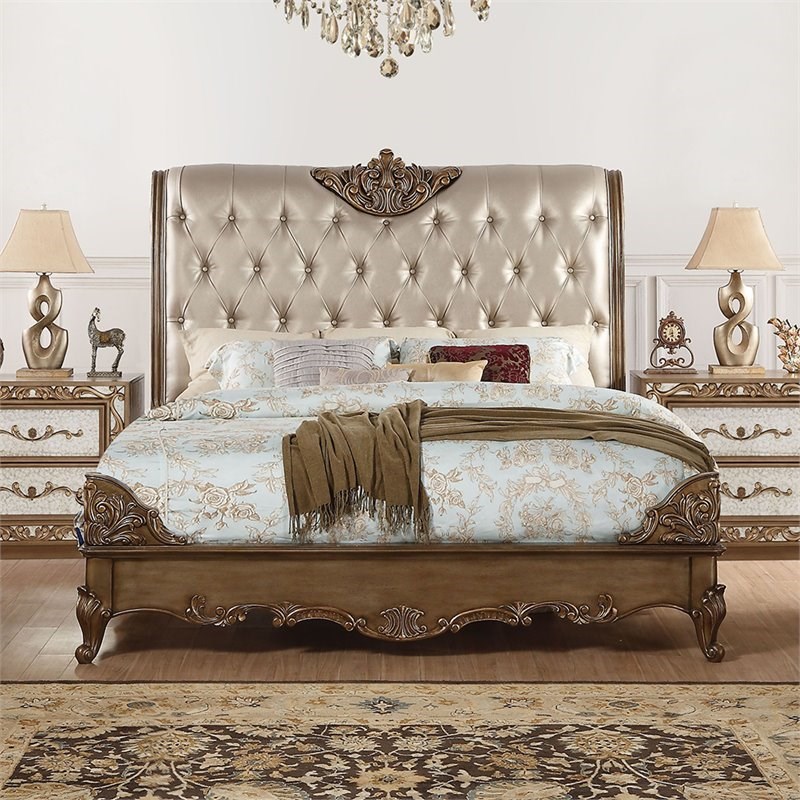 acme orianne faux leather tufted king sleigh bed in gold 23787ek