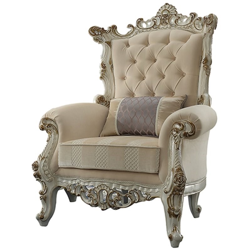 ACME Picardy II Accent Chair with 1 Pillow in Fabric and Antique Pearl ...