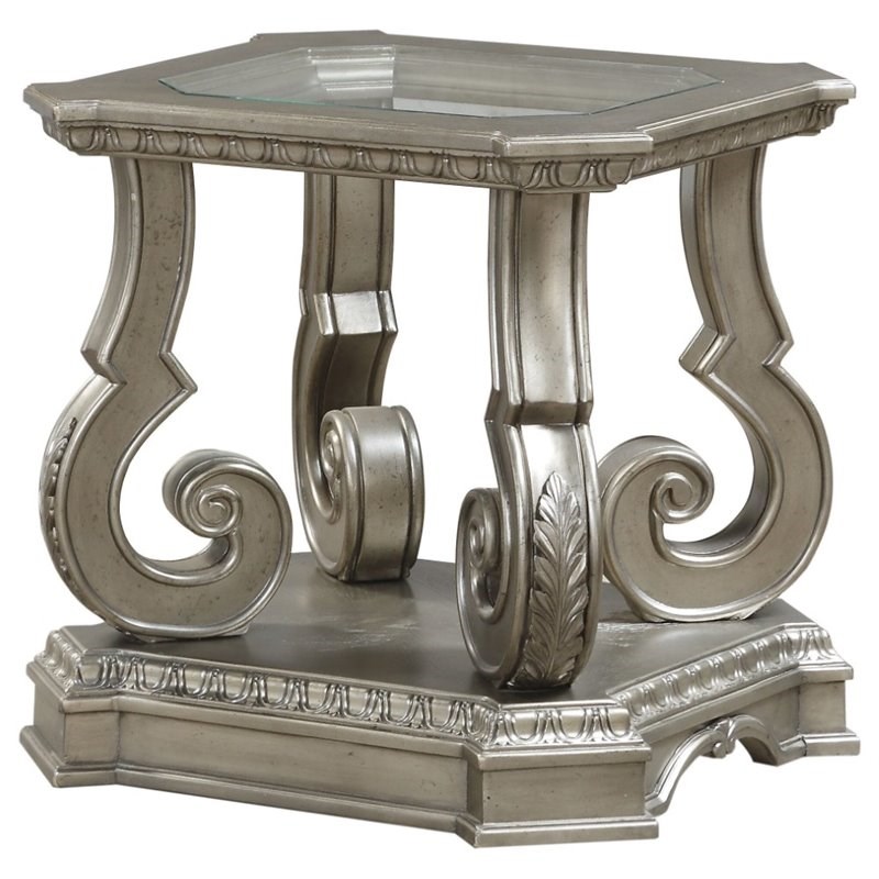 ACME Northville End Table in Antique Silver and Clear Glass