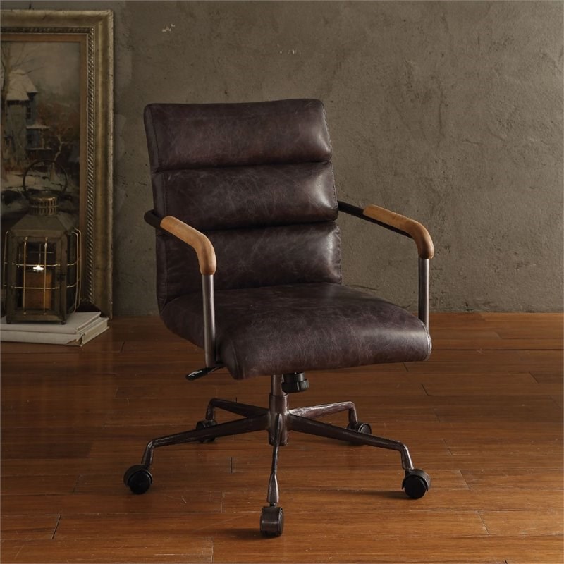 Modern 2 Piece Writing Desk and Rustic Leather Swivel Office Chair Set