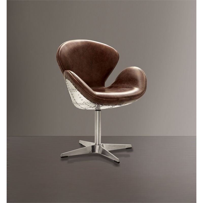 ACME Brancaster Swivel Accent Chair with Nailhead Trim in Retro Brown