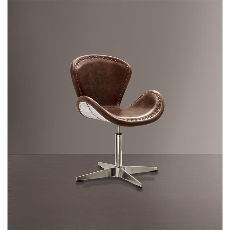 ACME Brancaster Leather Upholstery Accent Chair in Retro Brown and Aluminum