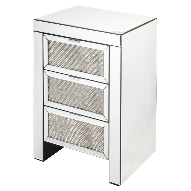 ACME Noralie Glass Nightstand with 3 Drawers in Mirrored and Faux Diamonds