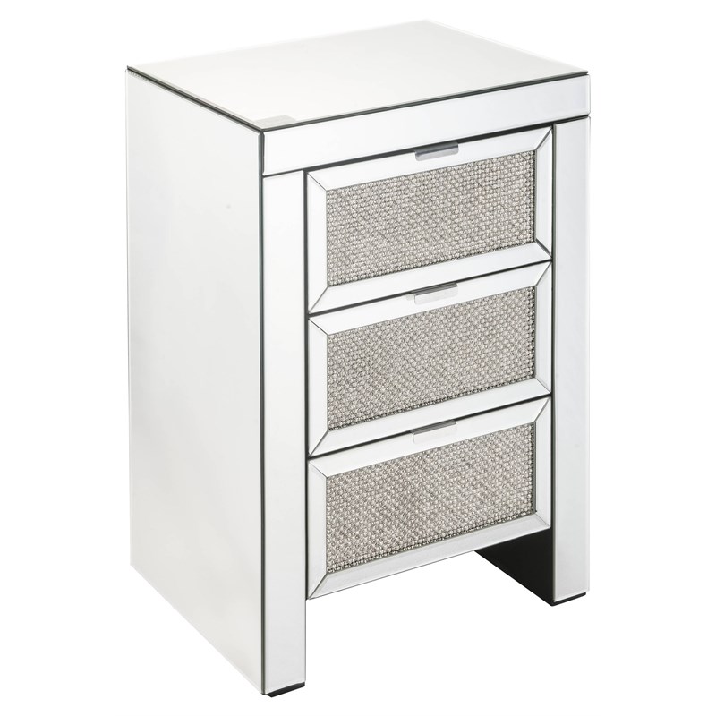 ACME Noralie Glass Nightstand with 3 Drawers in Mirrored and Faux Diamonds