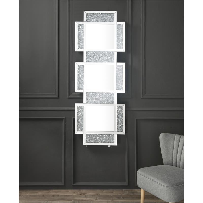 ACME Noralie Wooden Three-Panel Wall Decor Mirror in Mirrored and Faux Diamonds