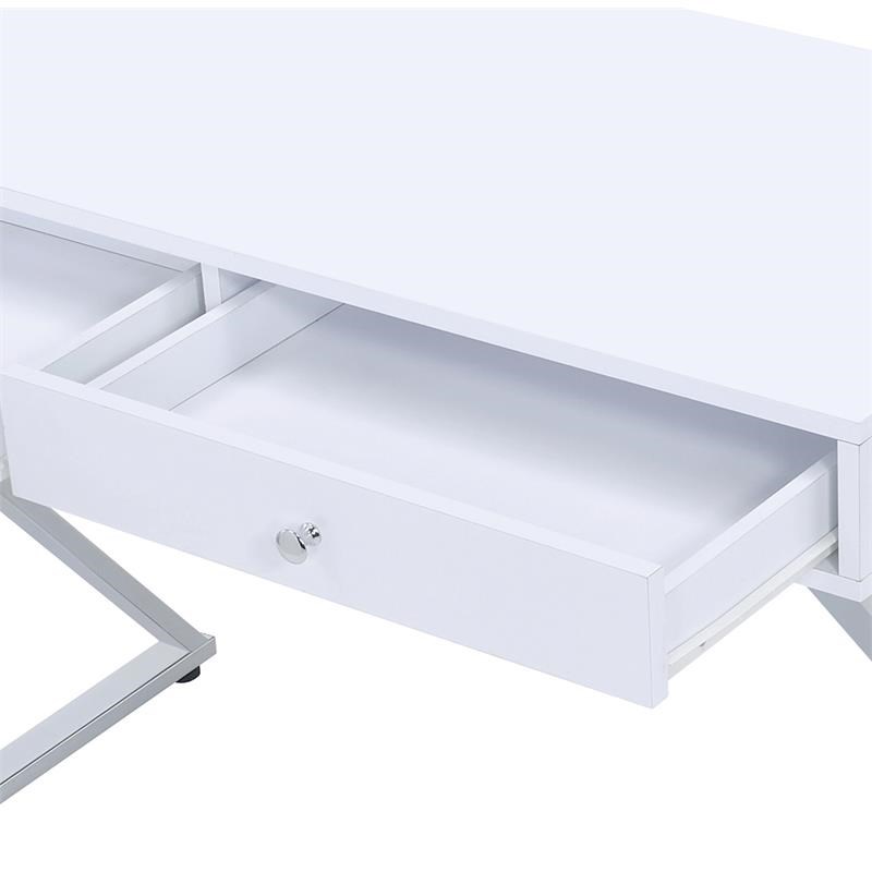 ACME Coleen Wooden Top Writing Desk with 2 Drawers in White and Chrome