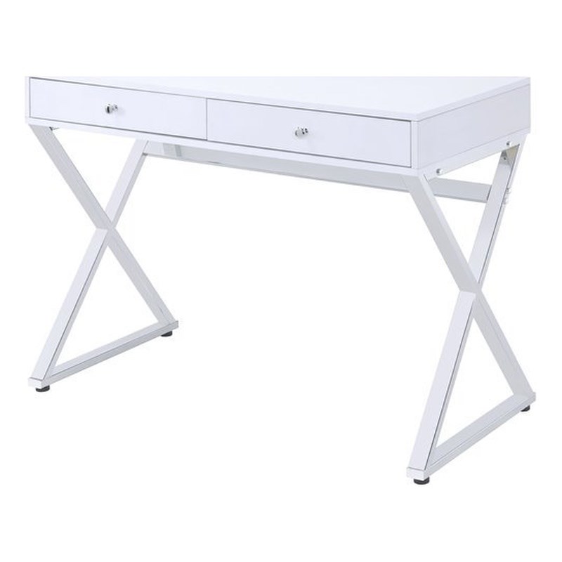 ACME Coleen Wooden Top Writing Desk with 2 Drawers in White and Chrome