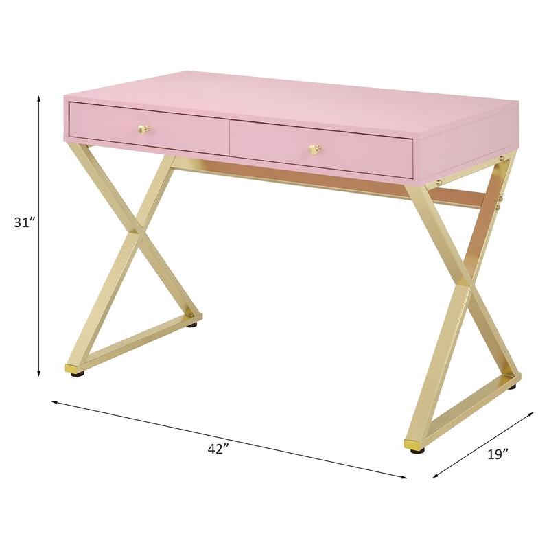 ACME Coleen Wooden Top Writing Desk with 2 Drawers in Pink and Gold