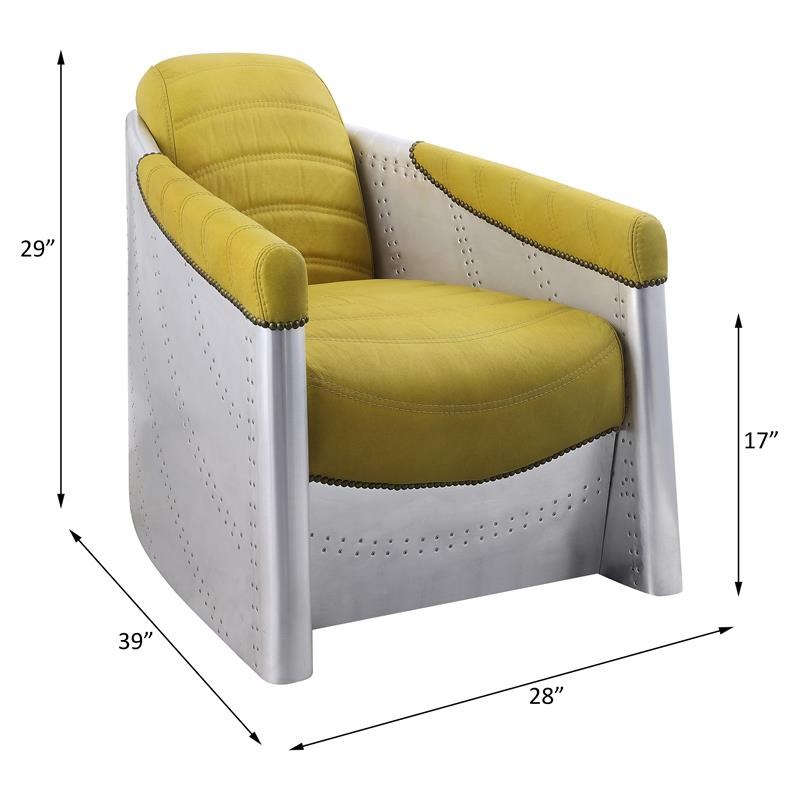 ACME Brancaster Top Grain Leather Upholstery Accent Chair in Yellow and Aluminum
