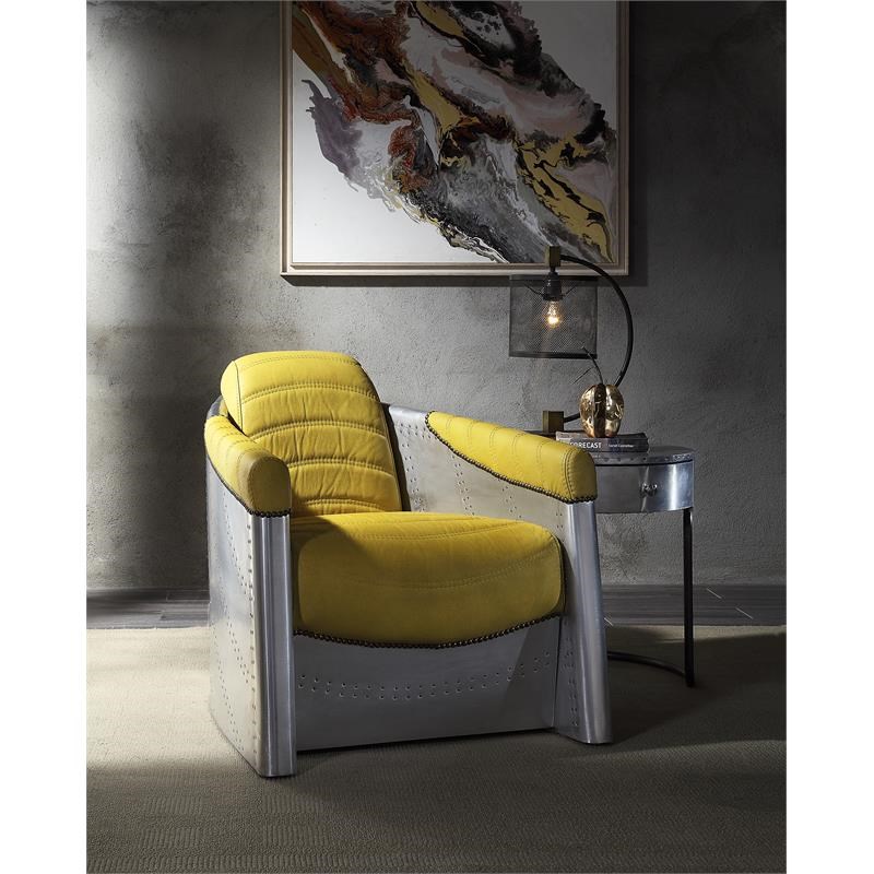 ACME Brancaster Top Grain Leather Upholstery Accent Chair in Yellow and Aluminum