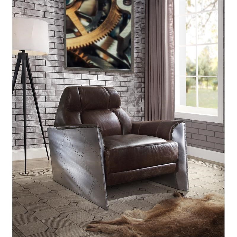 ACME Brancaster Tufted Accent Chair in Espresso Top Grain Leather and Aluminum