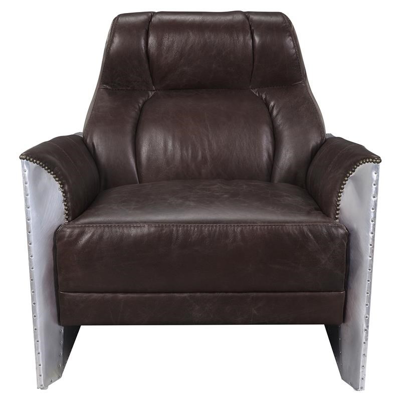 ACME Brancaster Tufted Accent Chair in Espresso Top Grain Leather and Aluminum