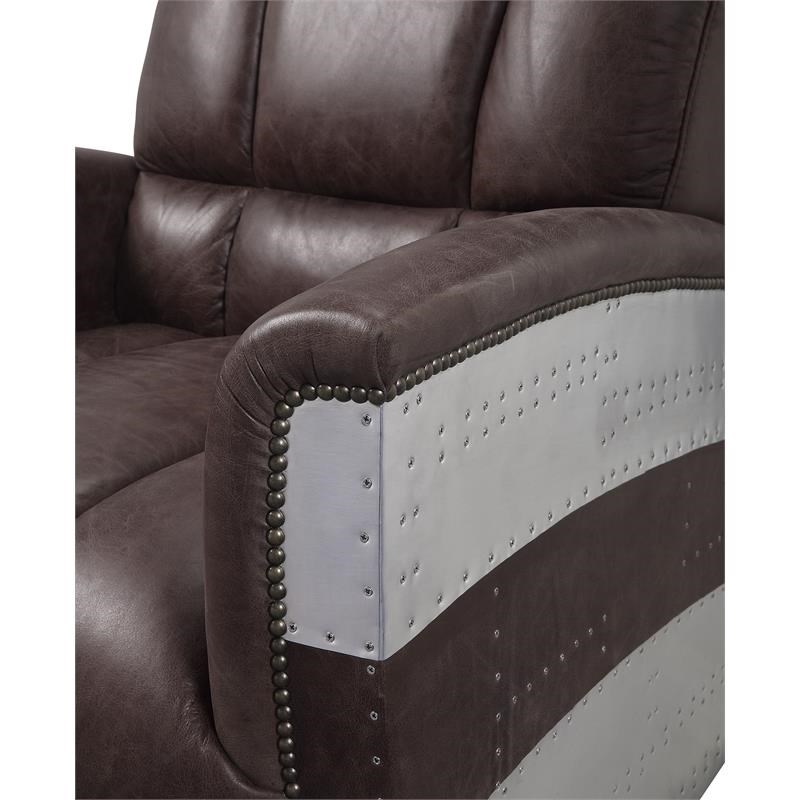 ACME Brancaster Top Grain Leather Accent Chair in Retro Brown and Aluminum