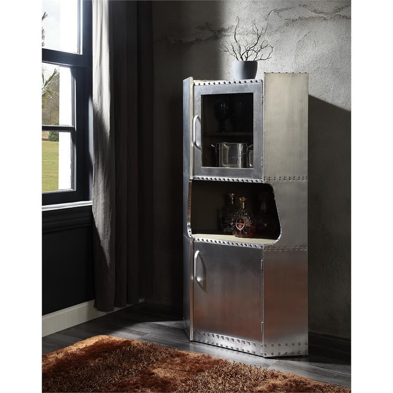 ACME Brancaster 2-Door Storage Corner Cabinet with Open Compartment in Aluminum