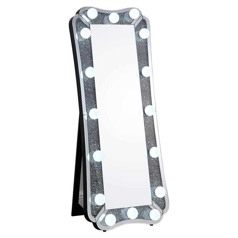 ACME Noralie Glass Floor Mirror with LED Light in Mirrored and Faux Diamonds