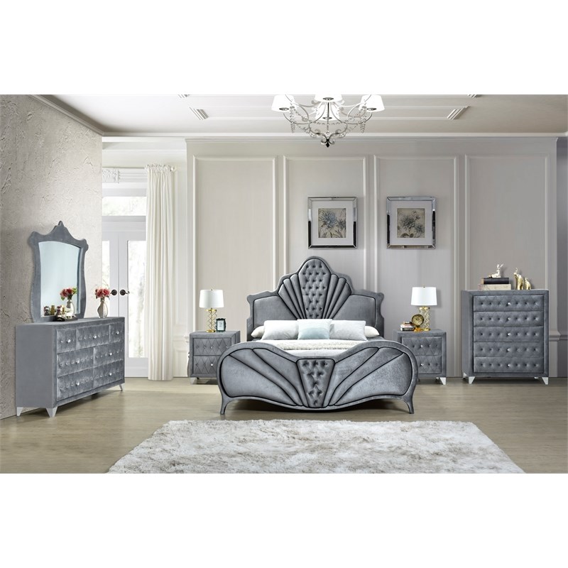 ACME Dante Velvet Upholstered and Wood Frame Bedroom Arched Mirror in Gray