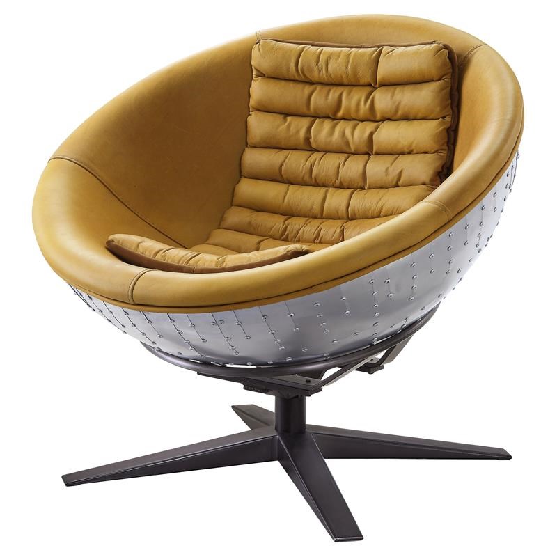 ACME Brancaster Top Grain Leather  Accent Chair in Turmeric and Aluminum