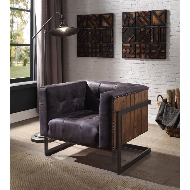 ACME Sagat Top Grain Leather Accent Chair in Antique Ebony and Rustic Oak