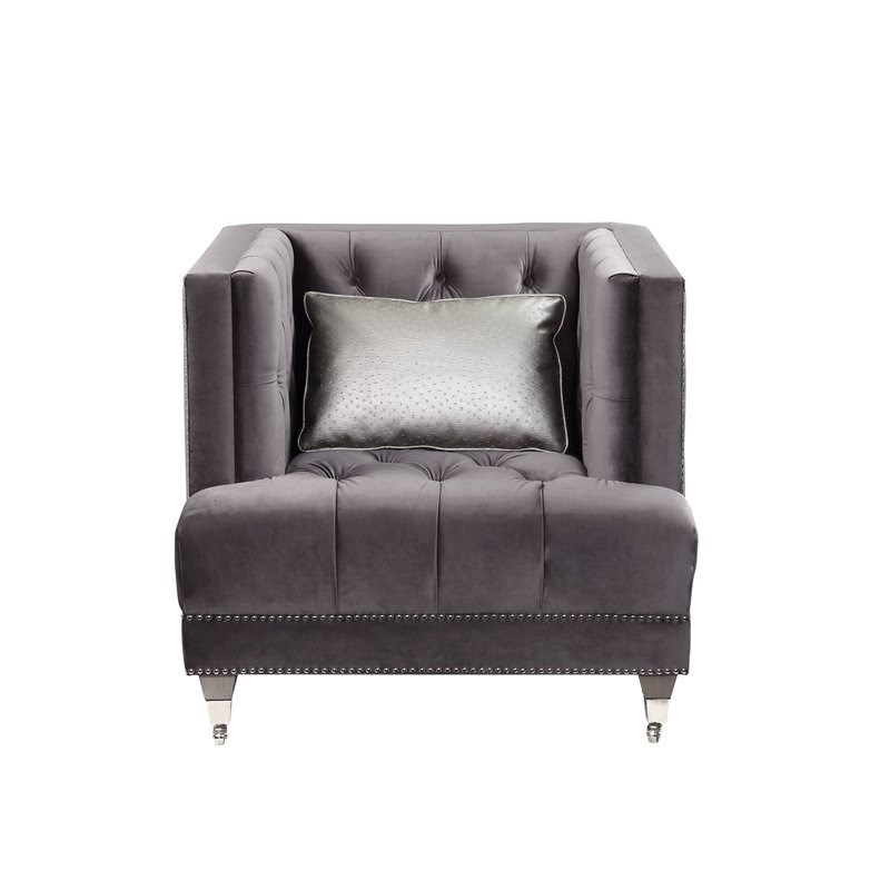 ACME Hegio Chair with 1 Pillow in Gray Velvet