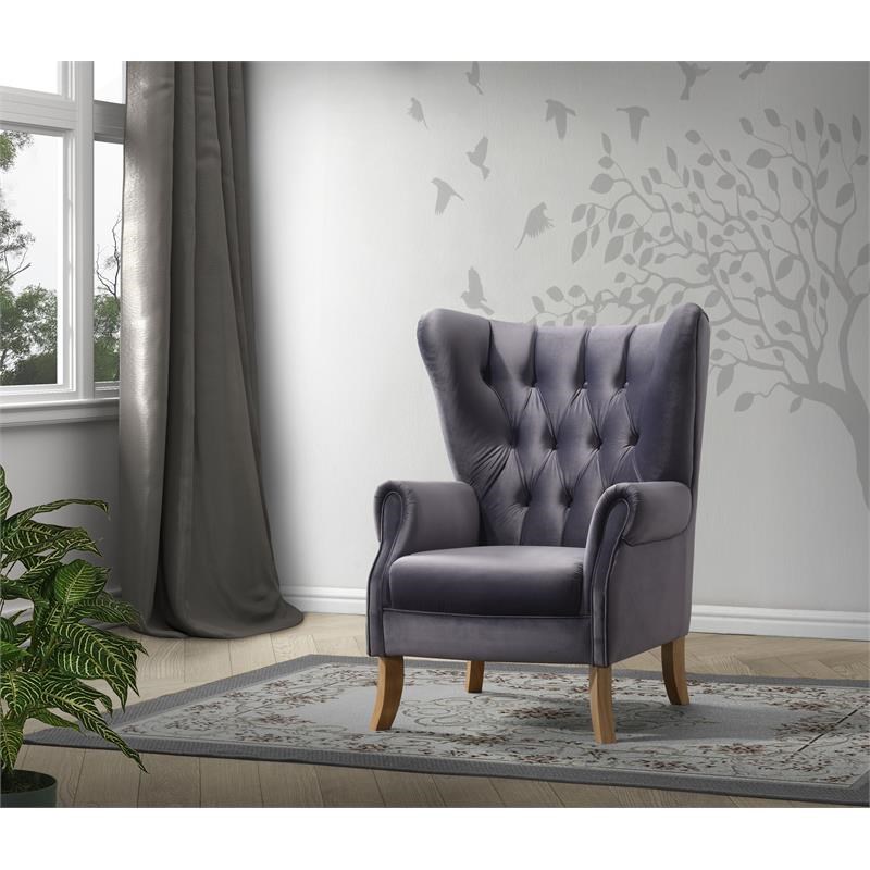 ACME Adonis Button Tufted Velvet Upholstery Accent Chair with Wing Back in Gray