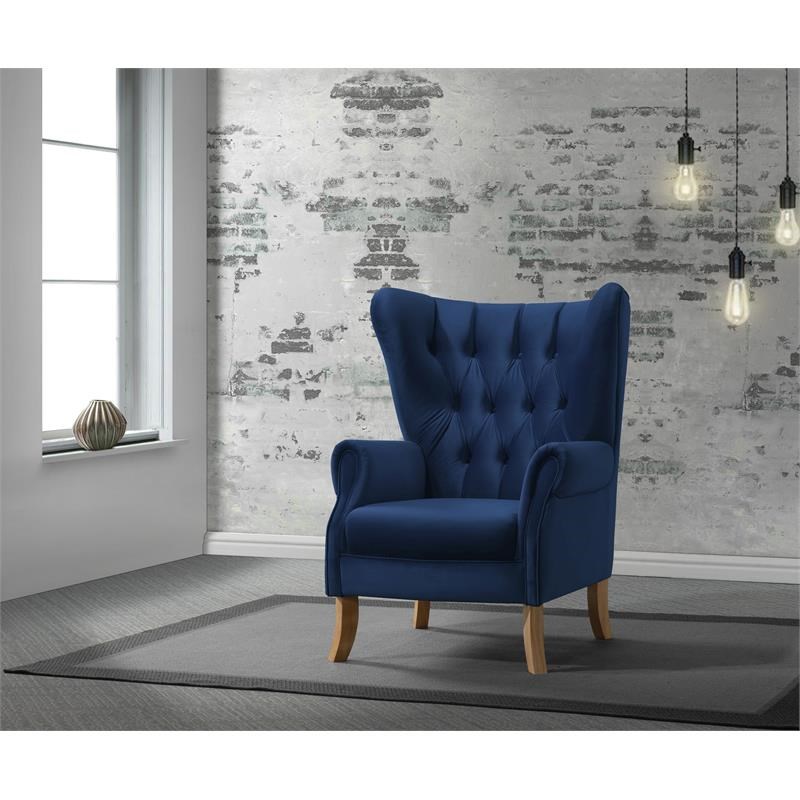 ACME Adonis Button Tufted Velvet  Accent Chair with Wing Back in Navy Blue