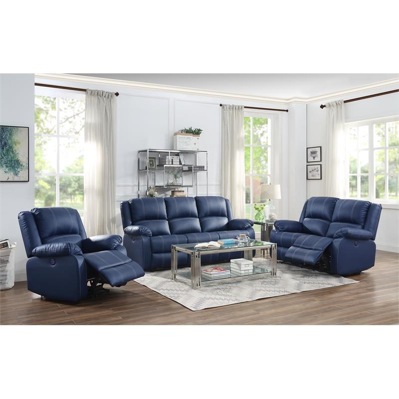 ACME Zuriel Faux Leather Power Recliner with Pillow Top Armrest in Blue