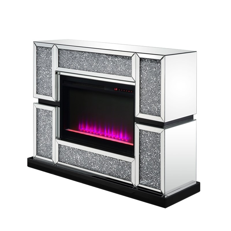 ACME Furniture Noralie Electric Fireplace with LED Light in Mirrored and Faux Diamonds