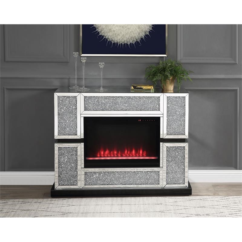 ACME Furniture Noralie Electric Fireplace with LED Light in Mirrored and Faux Diamonds