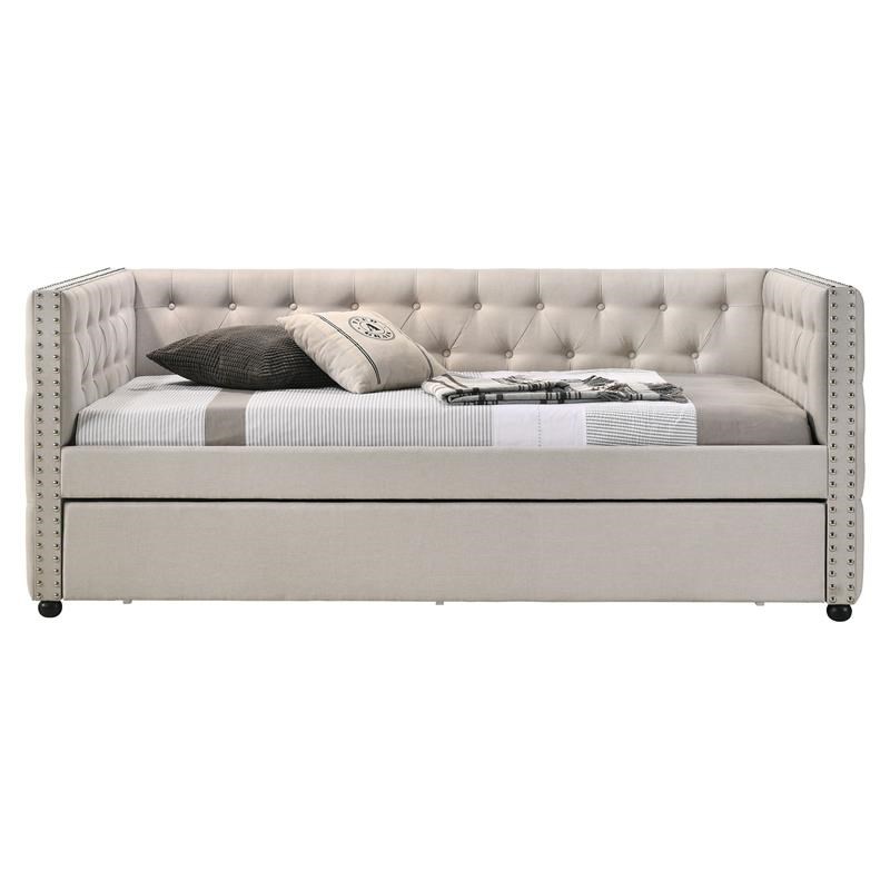 ACME Romona Button Tufted Fabric Upholstered Full Daybed and Trundle in Beige
