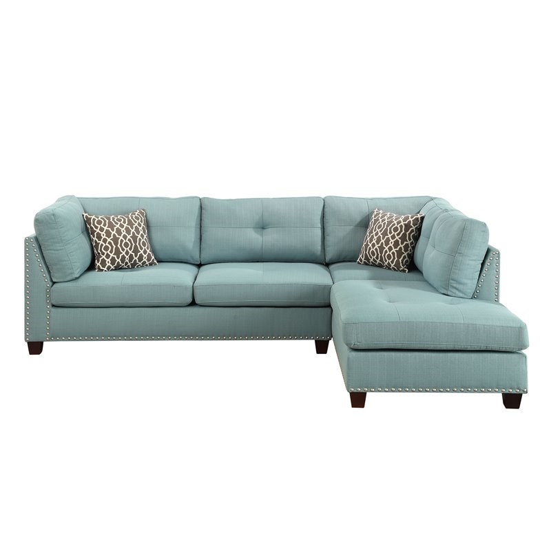 acme laurissa sectional sofa with 2 pillows and ottoman in light teal