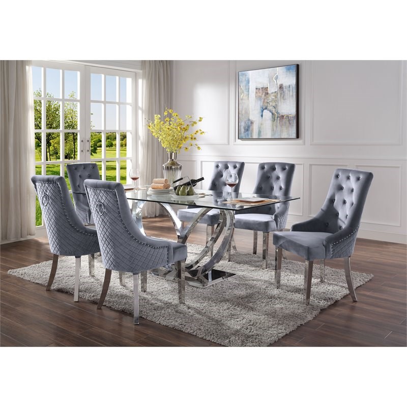 ACME Finley Dining Table in Clear Glass and Mirrored Silver Finish