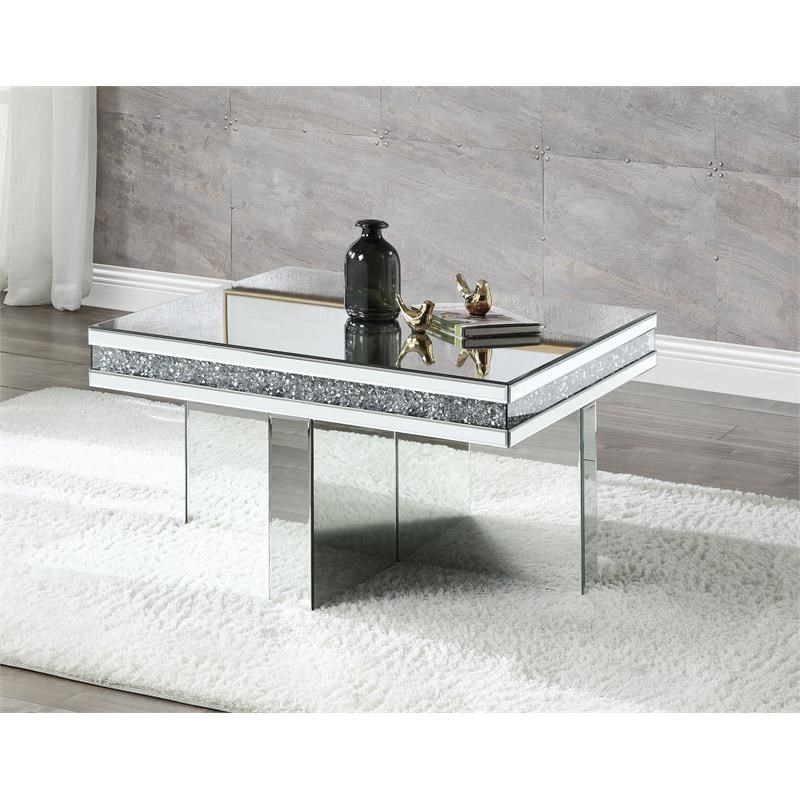 ACME Noralie Square Glass Coffee Table in Mirrored and Faux Diamonds